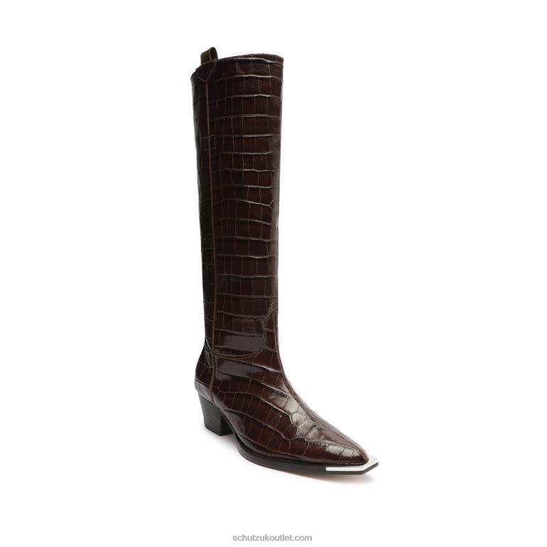 UK Schutz Tessie Casual Up Crocodile-Embossed Leather Boot Dark Chocolate 806T8780
