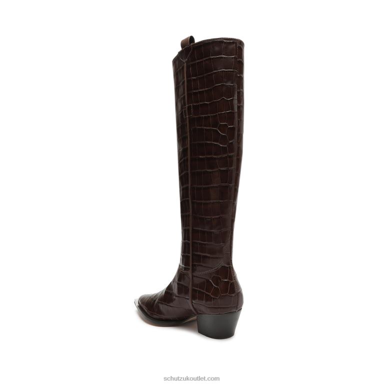 UK Schutz Tessie Casual Up Crocodile-Embossed Leather Boot Dark Chocolate 806T8780