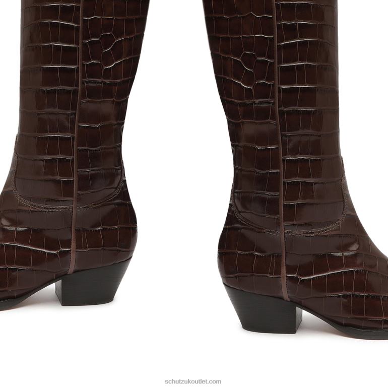 UK Schutz Tessie Casual Up Crocodile-Embossed Leather Boot Dark Chocolate 806T8780