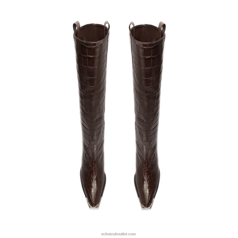 UK Schutz Tessie Casual Up Crocodile-Embossed Leather Boot Dark Chocolate 806T8780