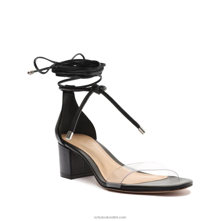 UK Schutz Jessie Mid Block Nappa Leather & Vinyl Sandal Black 806T8144