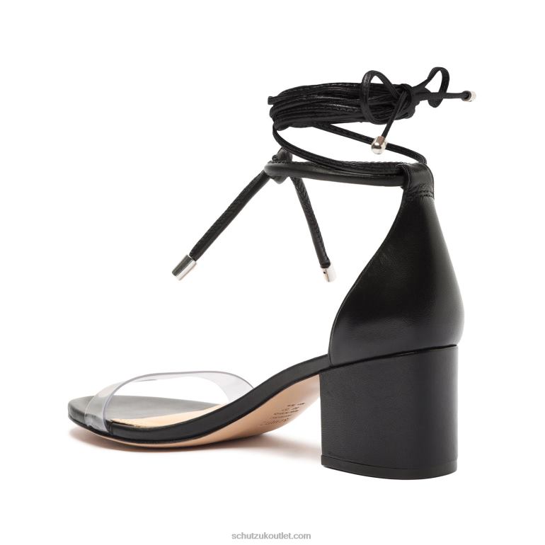 UK Schutz Jessie Mid Block Nappa Leather & Vinyl Sandal Black 806T8144
