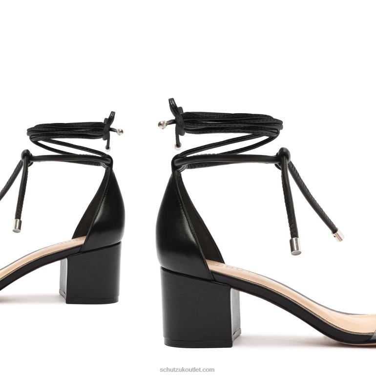 UK Schutz Jessie Mid Block Nappa Leather & Vinyl Sandal Black 806T8144