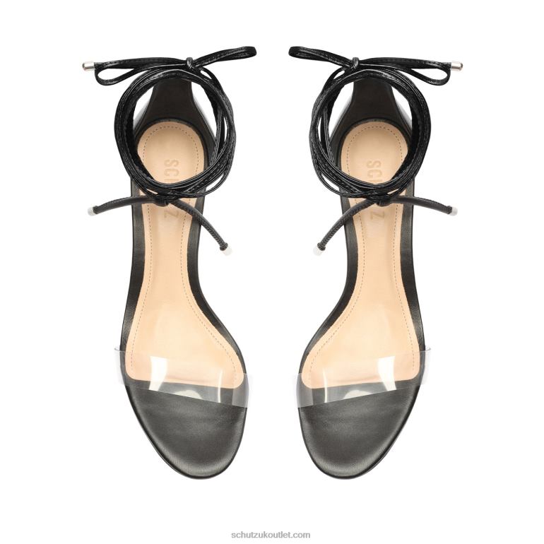 UK Schutz Jessie Mid Block Nappa Leather & Vinyl Sandal Black 806T8144